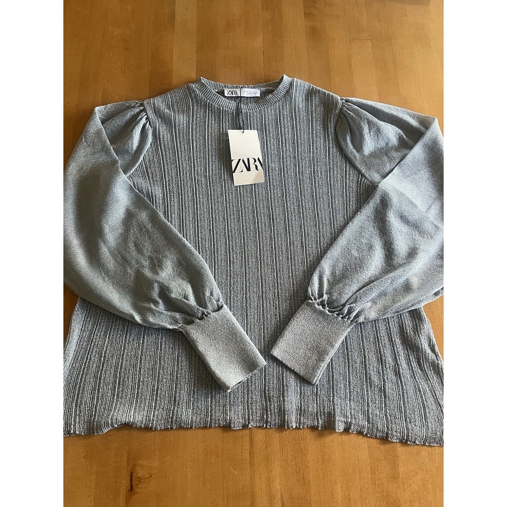 Zara Metallic Silver Ribbed Knit Puff Sleeve Top Women's M NWT Party Holiday